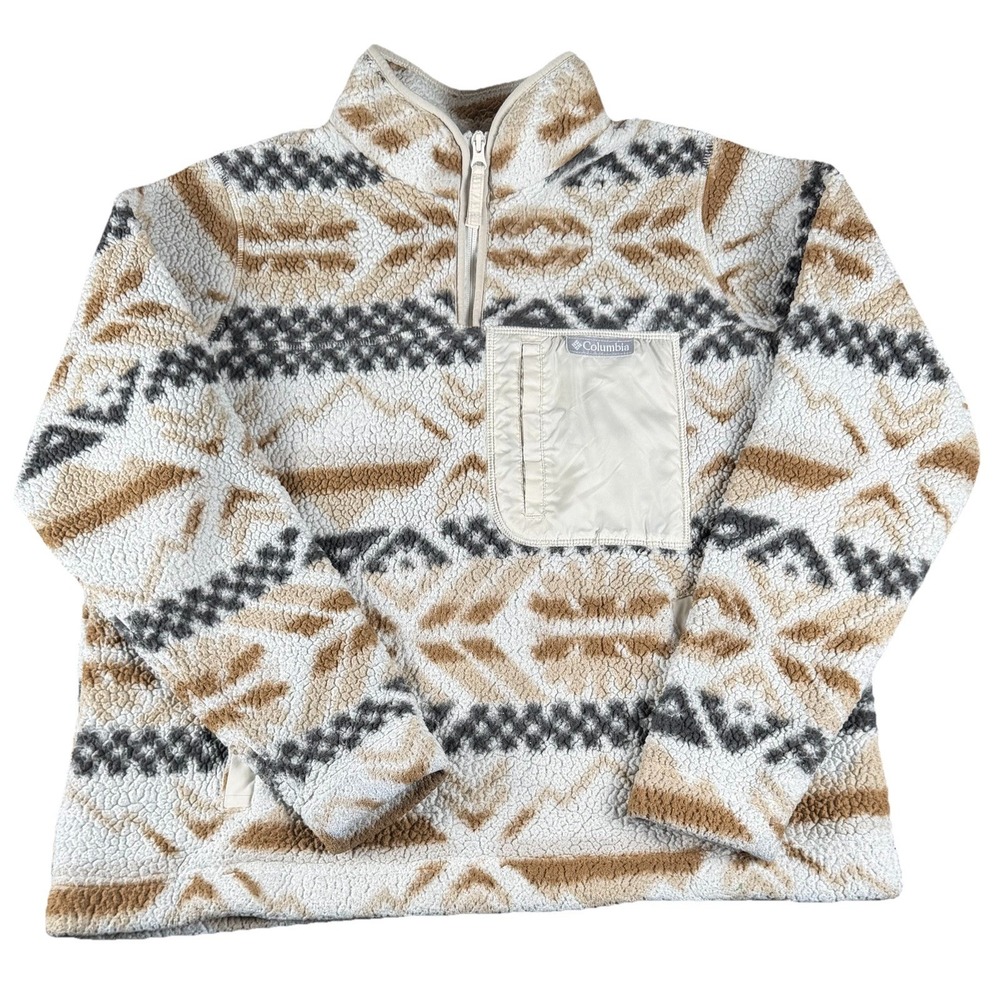 Columbia Fleece Pullover XL Beige Southwest Aztec Sherpa 1/4 Zip Pocket